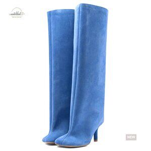 Knee High Suede Boots Wide Calf Square Toe Stiletto Heel Pull On